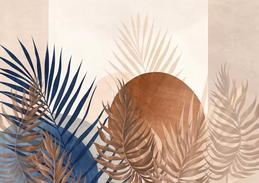 wall murals Abstract textured composition featuring tropical leaves in shades of blue and earthy tones, with a large circular shape w09257