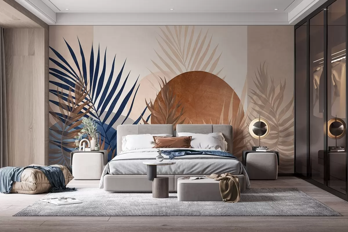 Wall Mural Photo Wallpaper Abstract textured composition featuring tropical leaves in shades of blue and earthy tones, with a large circular shape w09257