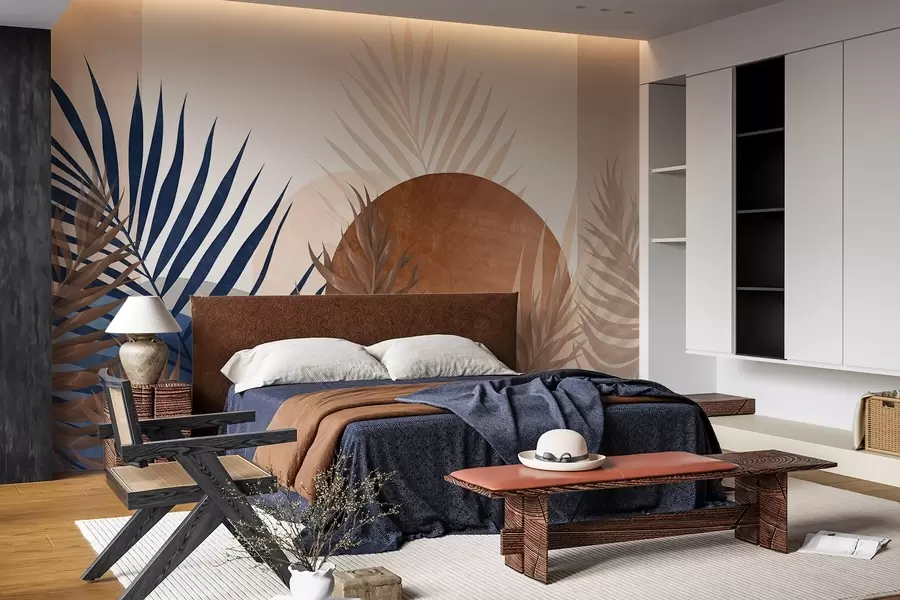 Wall Mural Photo Wallpaper Abstract textured composition featuring tropical leaves in shades of blue and earthy tones, with a large circular shape w09257