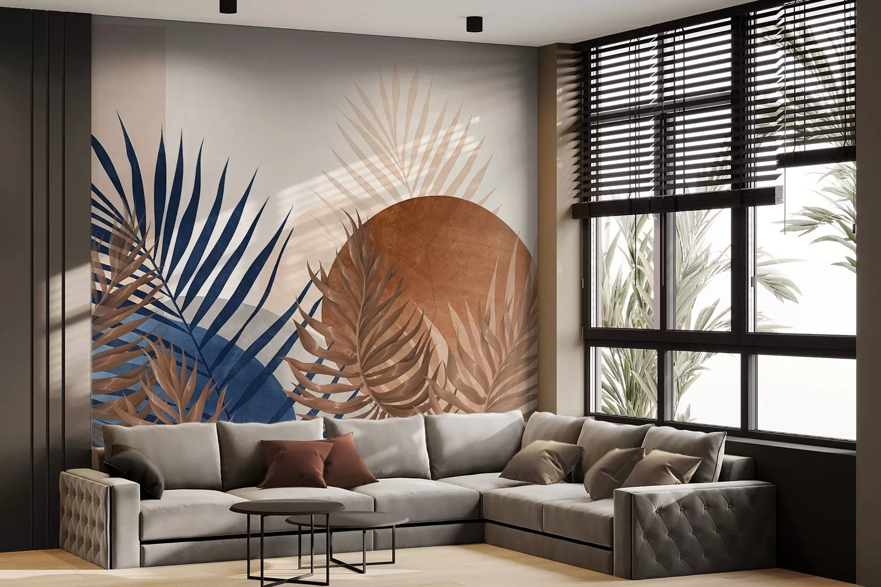 wall murals Abstract textured composition featuring tropical leaves in shades of blue and earthy tones, with a large circular shape w09257