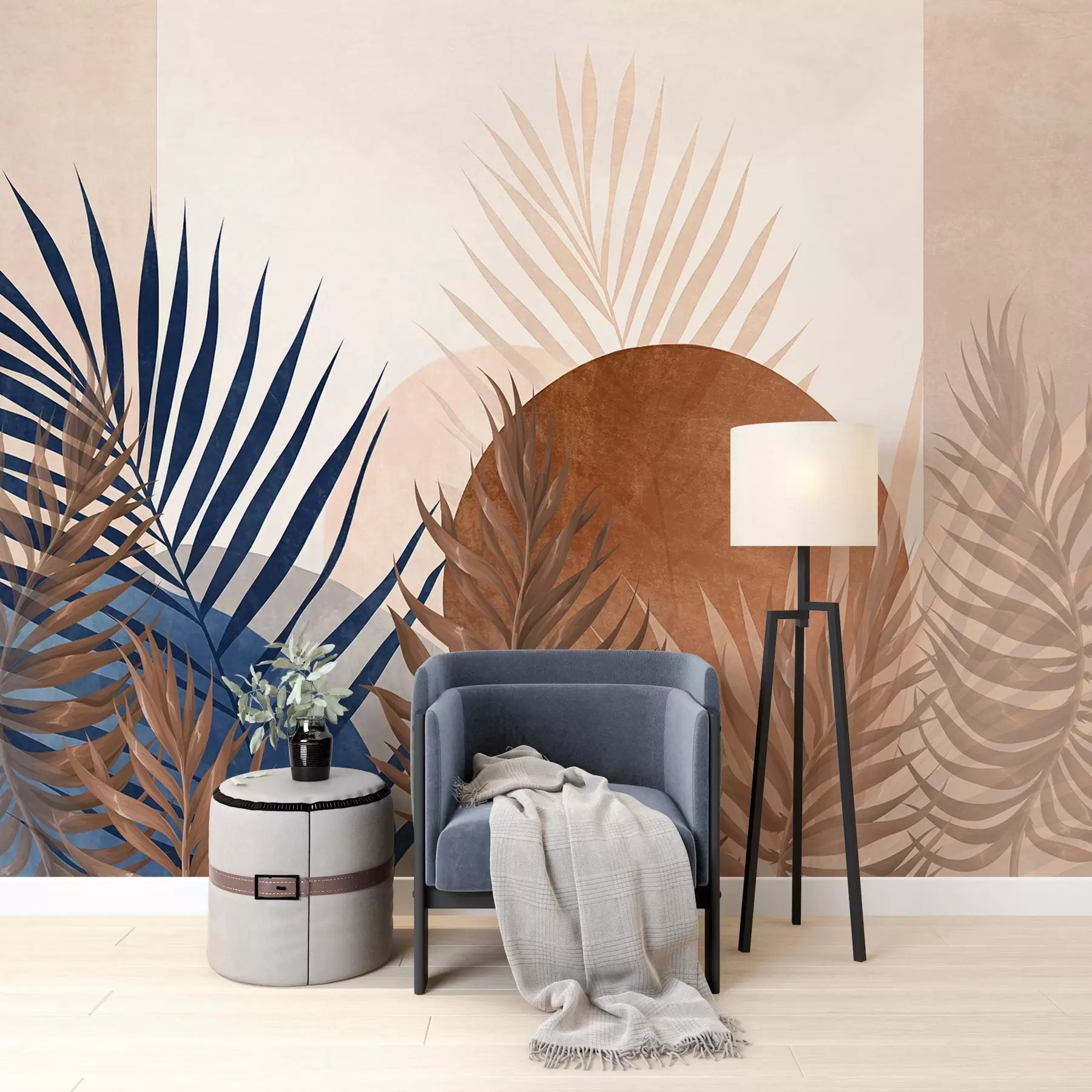 Wall Mural Photo Wallpaper Abstract textured composition featuring tropical leaves in shades of blue and earthy tones, with a large circular shape w09257