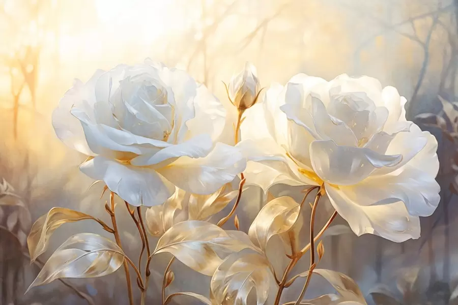 wall murals White textured roses with yellow stems and leaves, soft lighting, light background with blurred floral shapes w09258