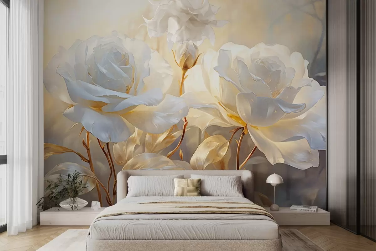 murales Rosas blancas texturizadas con tallos y hojas amarillas, iluminación suave, fondo claro con formas florales difuminadas w09258