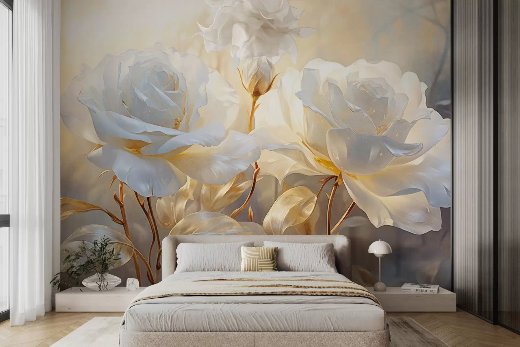 murales Rosas blancas texturizadas con tallos y hojas amarillas, iluminación suave, fondo claro con formas florales difuminadas w09258