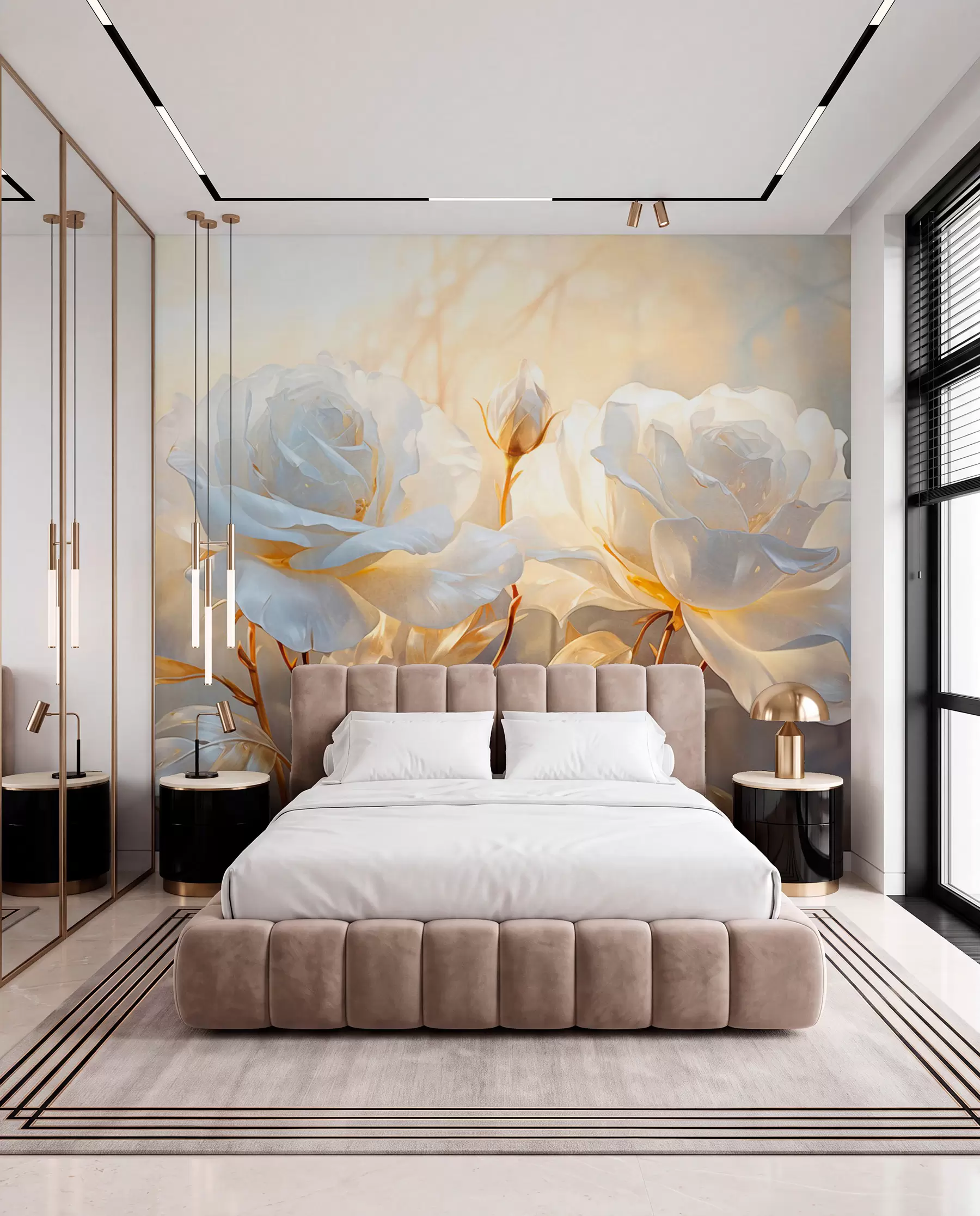 Wall Mural Photo Wallpaper White textured roses with yellow stems and leaves, soft lighting, light background with blurred floral shapes w09258