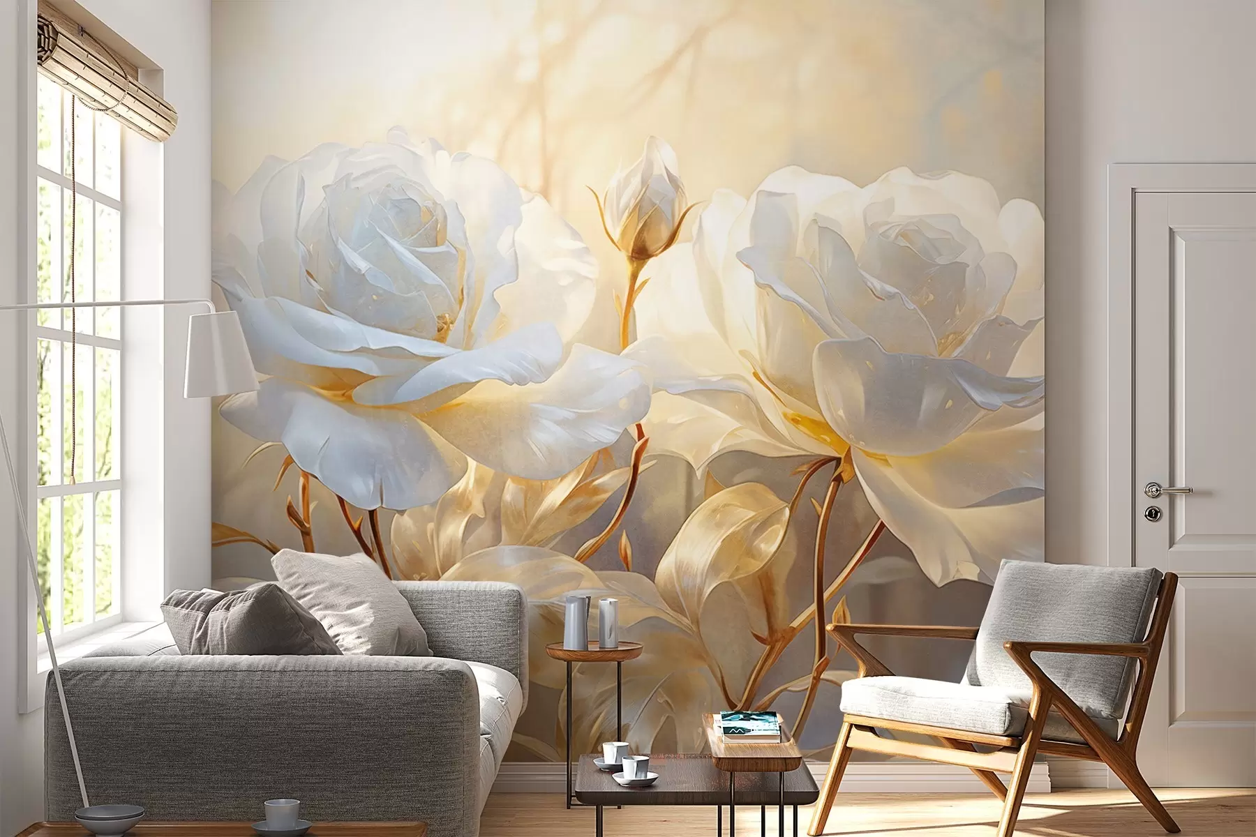 Wall Mural Photo Wallpaper White textured roses with yellow stems and leaves, soft lighting, light background with blurred floral shapes w09258