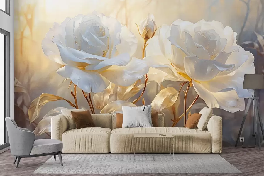 murales Rosas blancas texturizadas con tallos y hojas amarillas, iluminación suave, fondo claro con formas florales difuminadas w09258