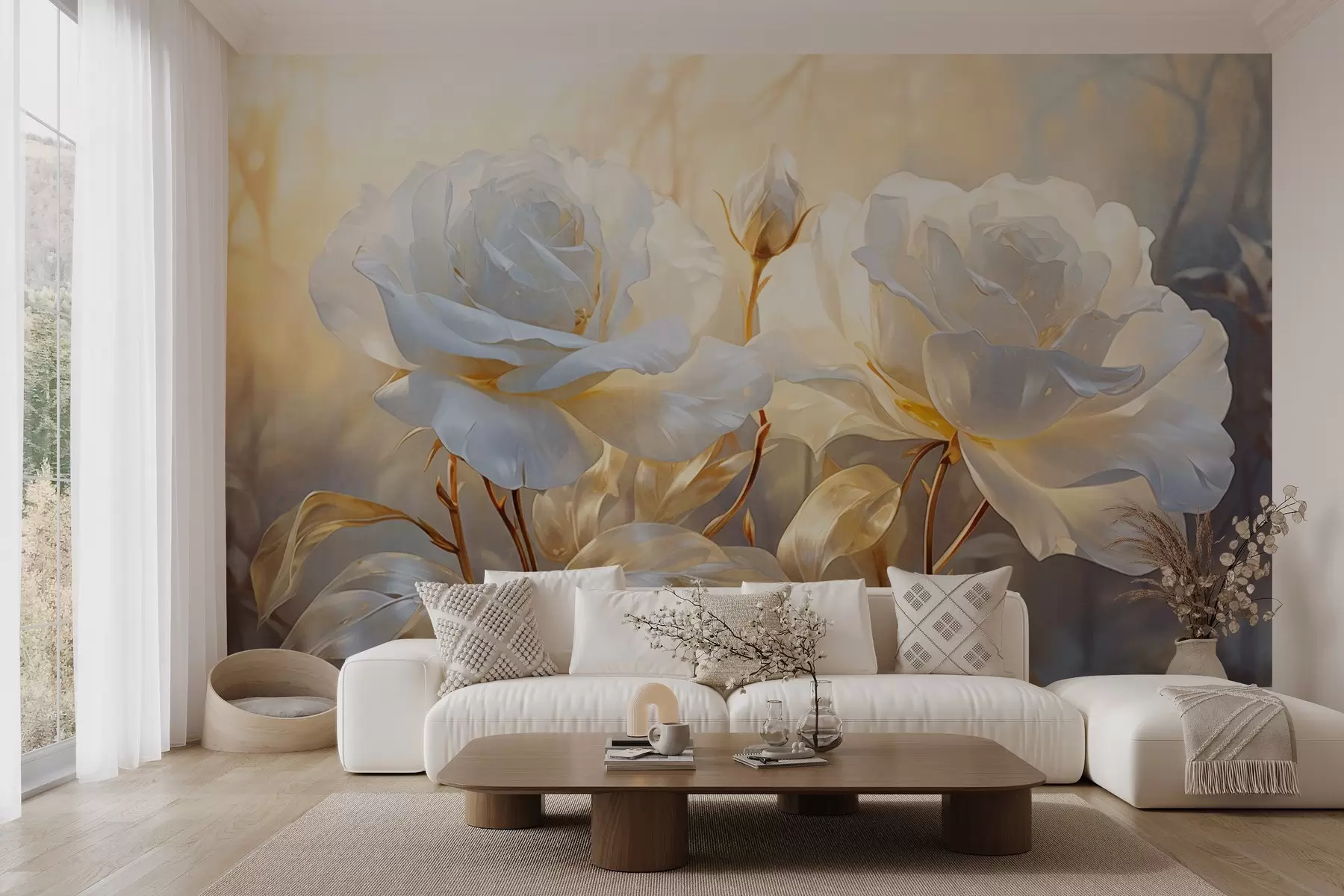 Wall Mural Photo Wallpaper White textured roses with yellow stems and leaves, soft lighting, light background with blurred floral shapes w09258