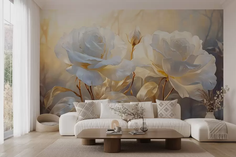 Wall Mural Photo Wallpaper White textured roses with yellow stems and leaves, soft lighting, light background with blurred floral shapes w09258