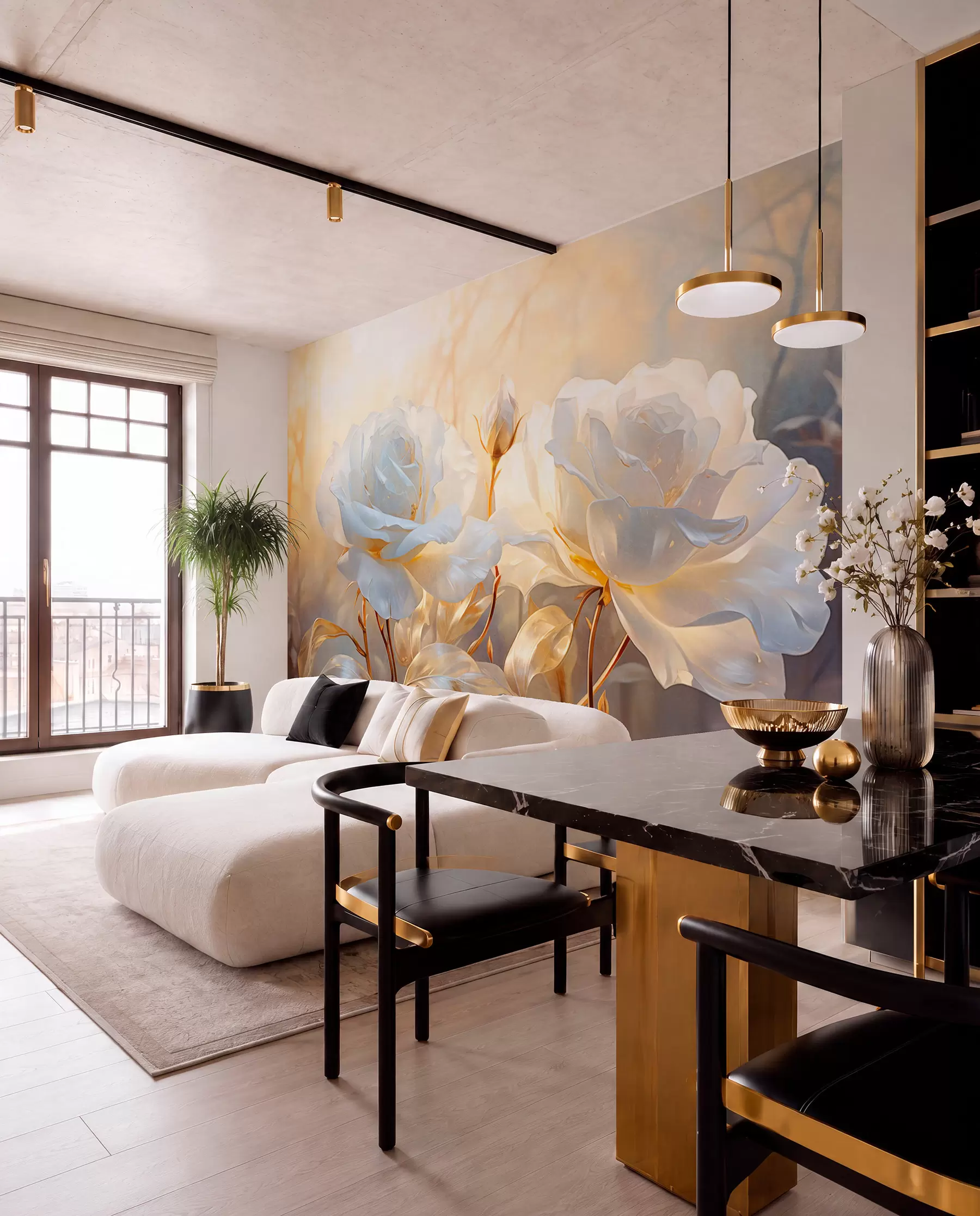 Wall Mural Photo Wallpaper White textured roses with yellow stems and leaves, soft lighting, light background with blurred floral shapes w09258