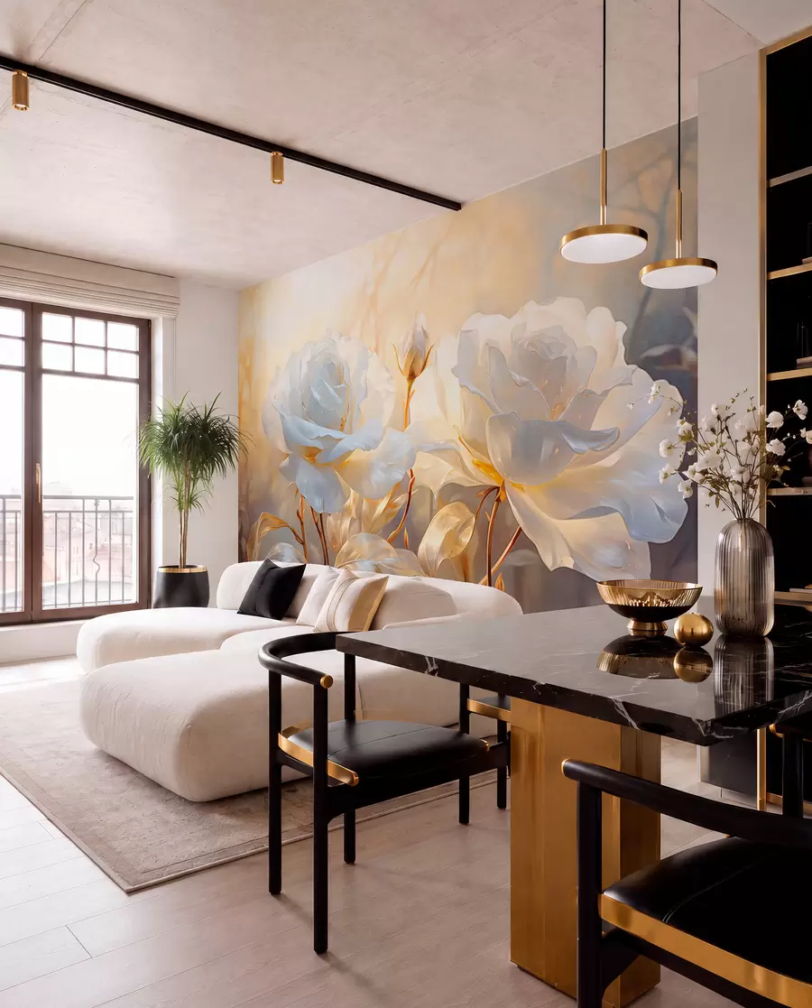 Wall Mural Photo Wallpaper White textured roses with yellow stems and leaves, soft lighting, light background with blurred floral shapes w09258