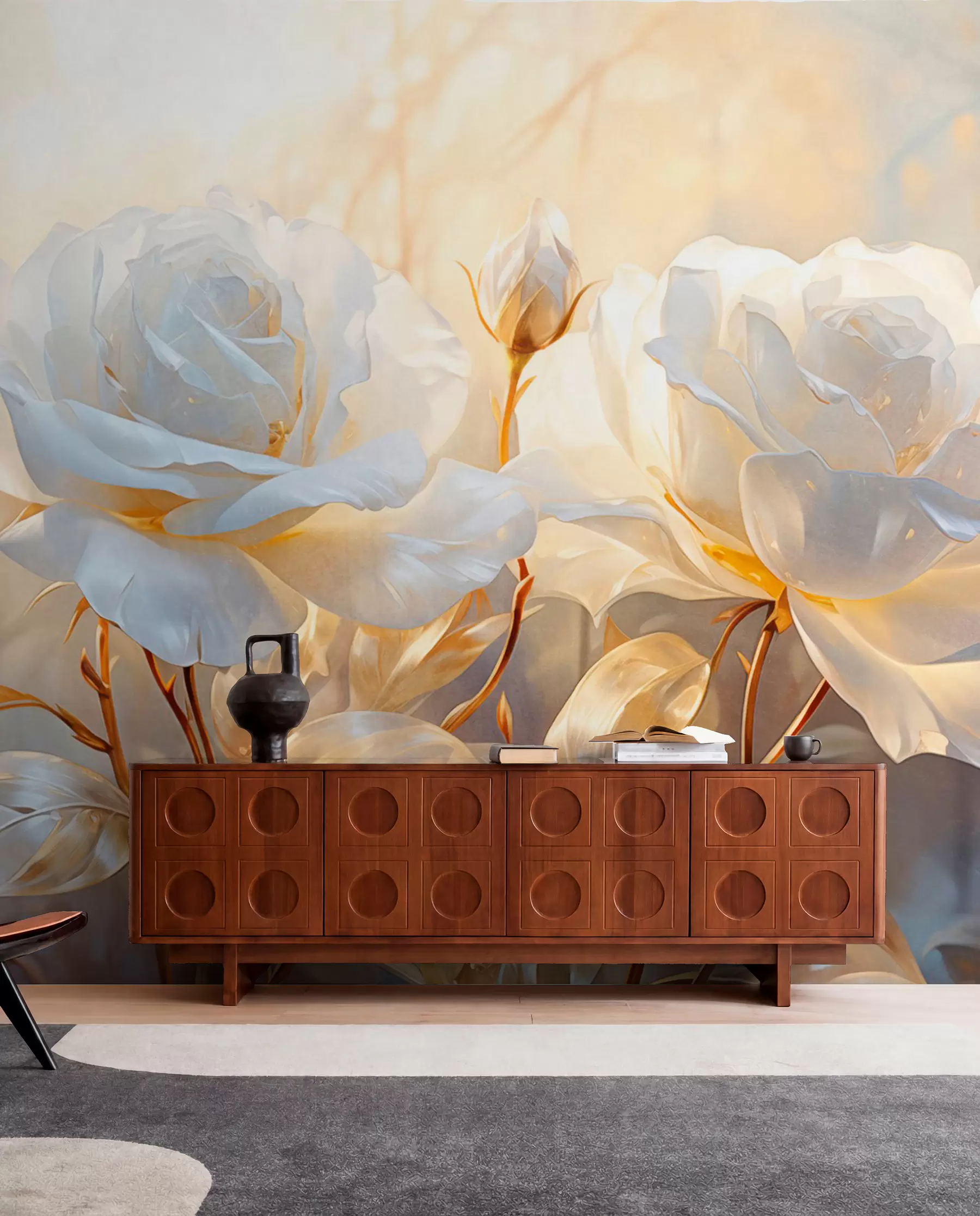 Wall Mural Photo Wallpaper White textured roses with yellow stems and leaves, soft lighting, light background with blurred floral shapes w09258