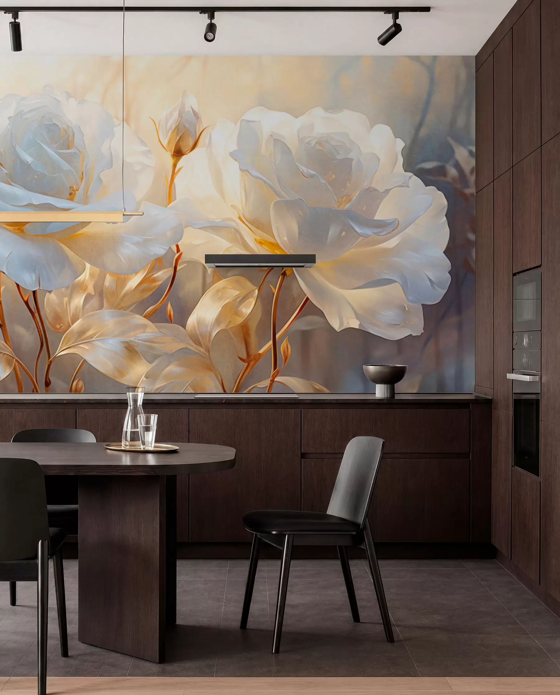 wall murals White textured roses with yellow stems and leaves, soft lighting, light background with blurred floral shapes w09258