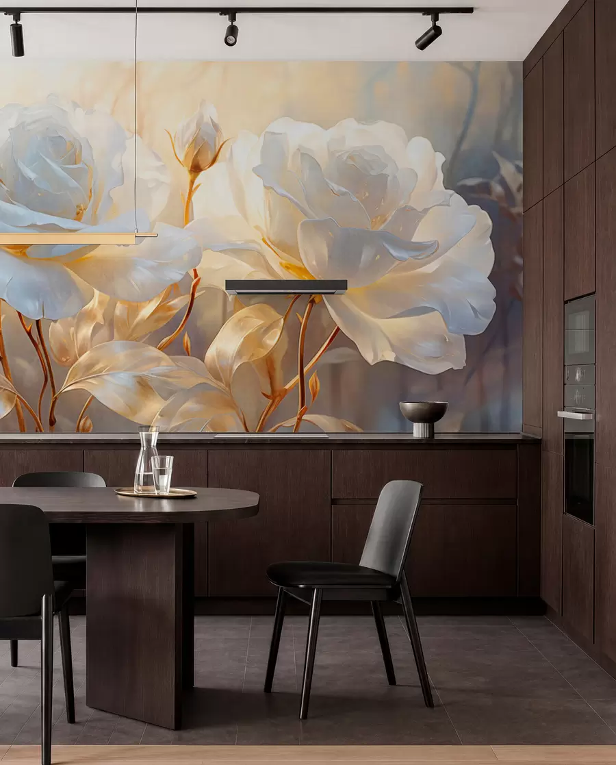 wall murals White textured roses with yellow stems and leaves, soft lighting, light background with blurred floral shapes w09258