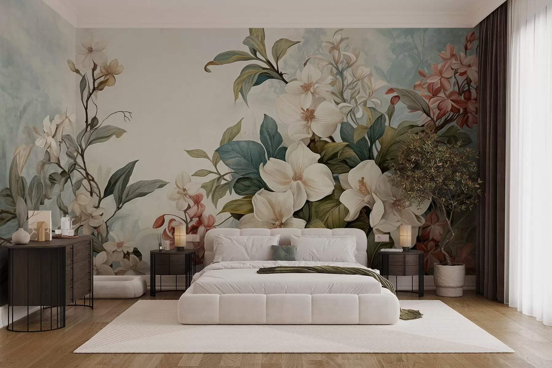 wall murals Textured tropical flowers and leaves with soft blue and green hues, delicate brushstrokes, vintage botanical style w09259
