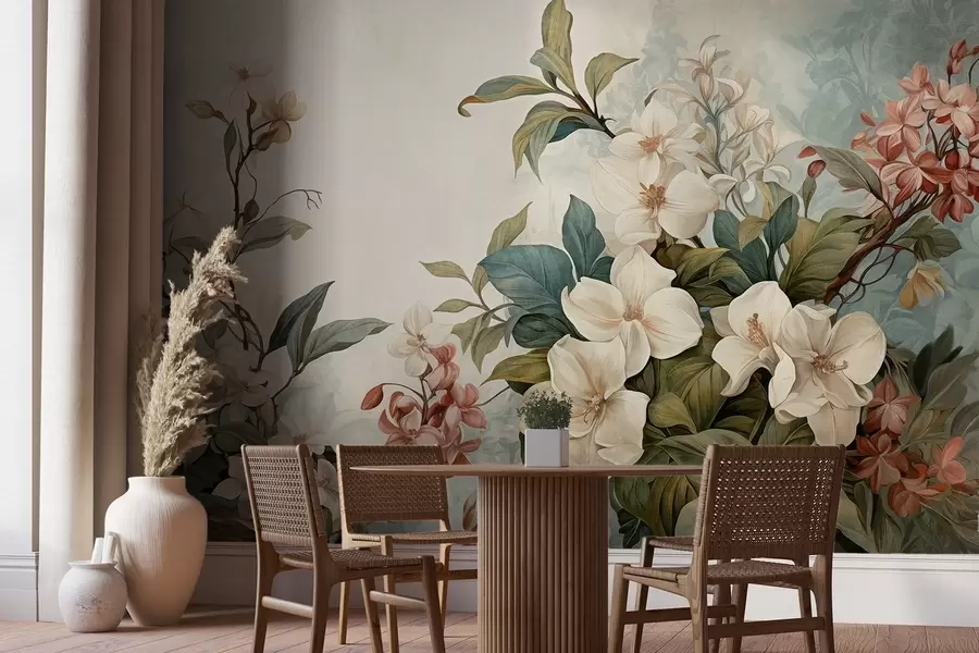 murales Flores y hojas tropicales texturizadas con suaves tonos azules y verdes, delicadas pinceladas, estilo botánico vintage w09259