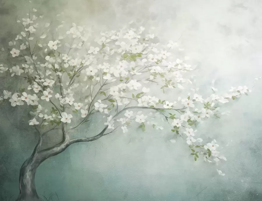 murales Un árbol en flor con flores blancas en plena floración, sobre un fondo granulado de textura ruidosa de azules y verdes apagados w09261