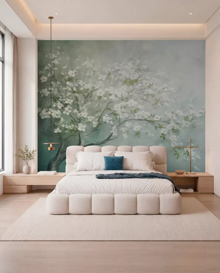 wall murals A blooming tree with white flowers in full bloom, against a grainy noisy textured background of muted blue and green w09261