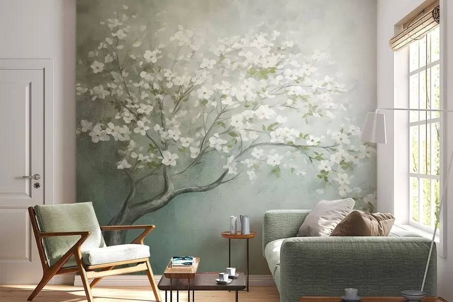 peintures murales Un arbre en fleurs avec des fleurs blanches en pleine floraison, sur un fond texturé granuleux et bruyant de bleu et de vert atténués w09261