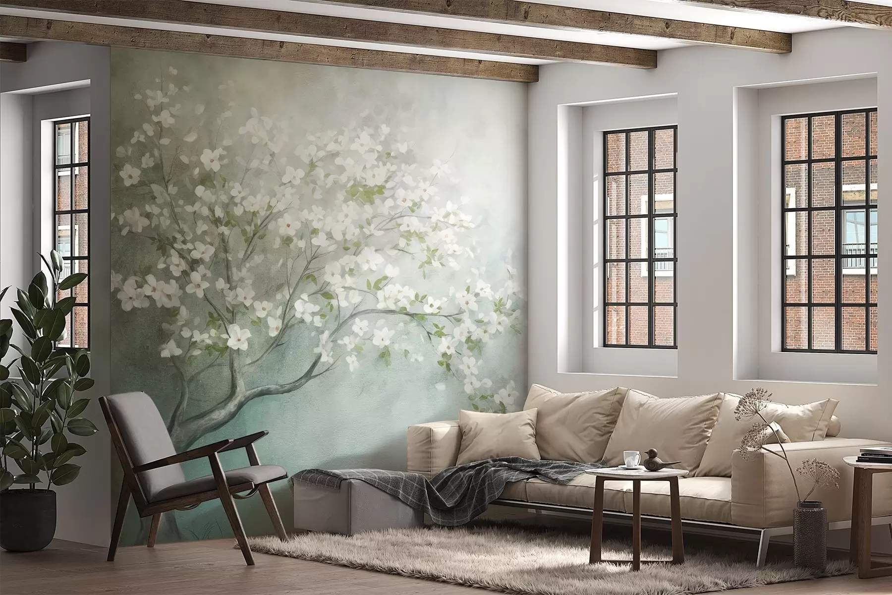 Wall Mural Photo Wallpaper A blooming tree with white flowers in full bloom, against a grainy noisy textured background of muted blue and green w09261