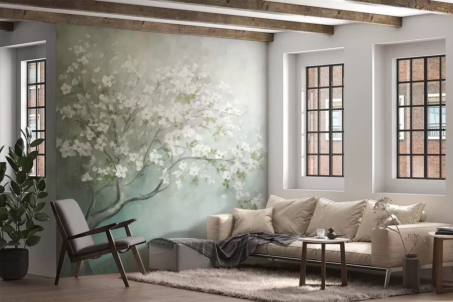 murales Un árbol en flor con flores blancas en plena floración, sobre un fondo granulado de textura ruidosa de azules y verdes apagados w09261