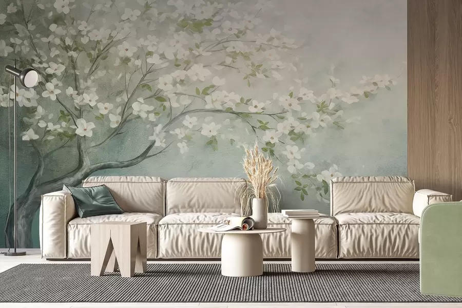Wall Mural Photo Wallpaper A blooming tree with white flowers in full bloom, against a grainy noisy textured background of muted blue and green w09261