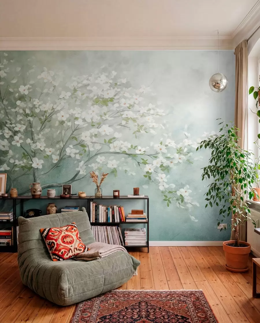murales Un árbol en flor con flores blancas en plena floración, sobre un fondo granulado de textura ruidosa de azules y verdes apagados w09261
