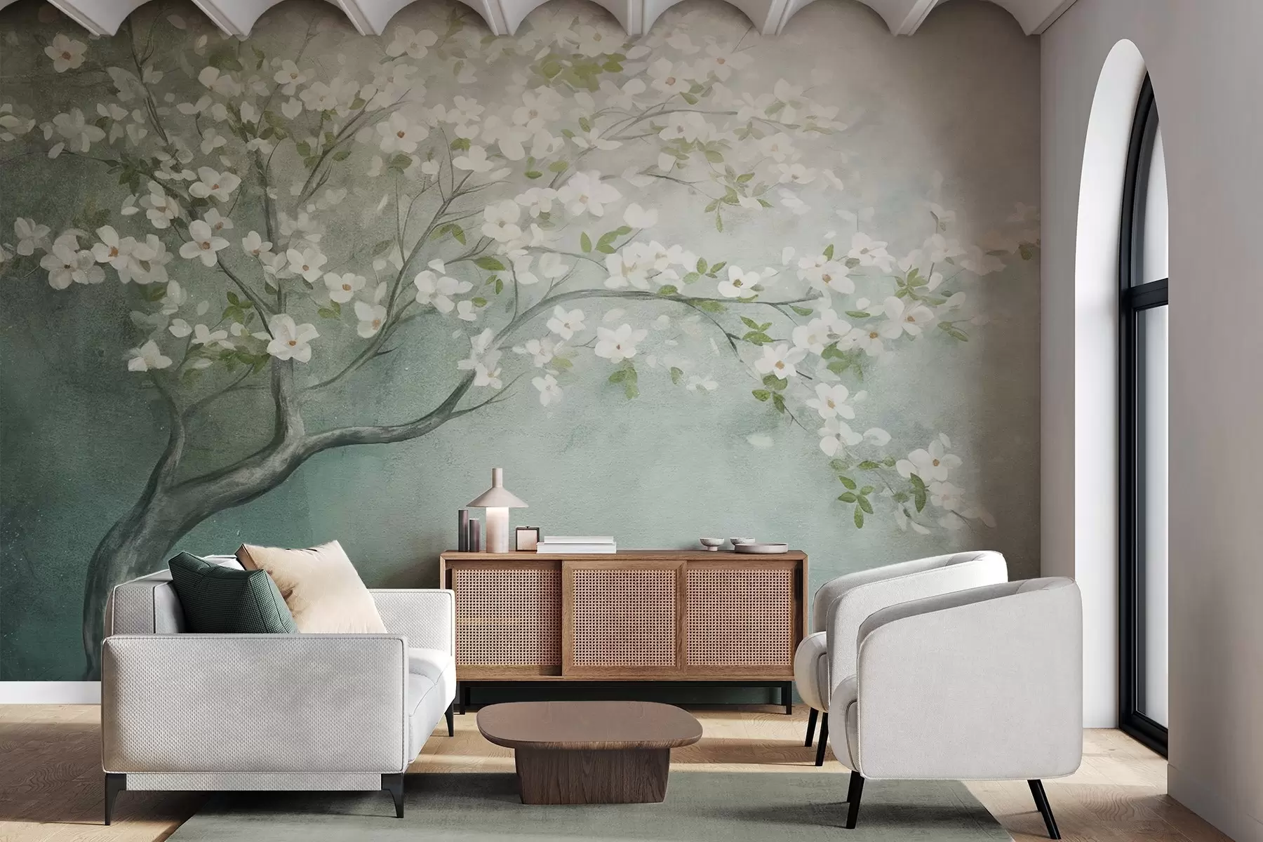 Wall Mural Photo Wallpaper A blooming tree with white flowers in full bloom, against a grainy noisy textured background of muted blue and green w09261