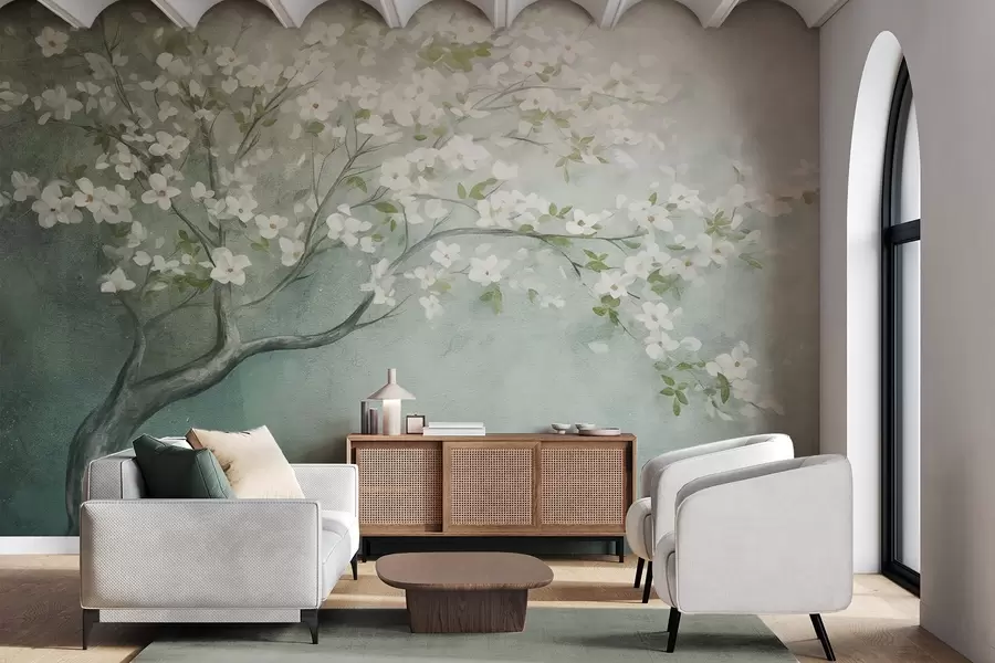 Wall Mural Photo Wallpaper A blooming tree with white flowers in full bloom, against a grainy noisy textured background of muted blue and green w09261