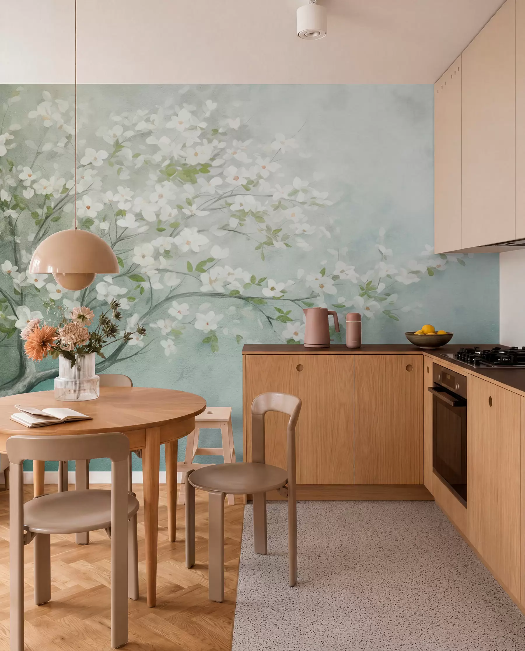 murales Un árbol en flor con flores blancas en plena floración, sobre un fondo granulado de textura ruidosa de azules y verdes apagados w09261