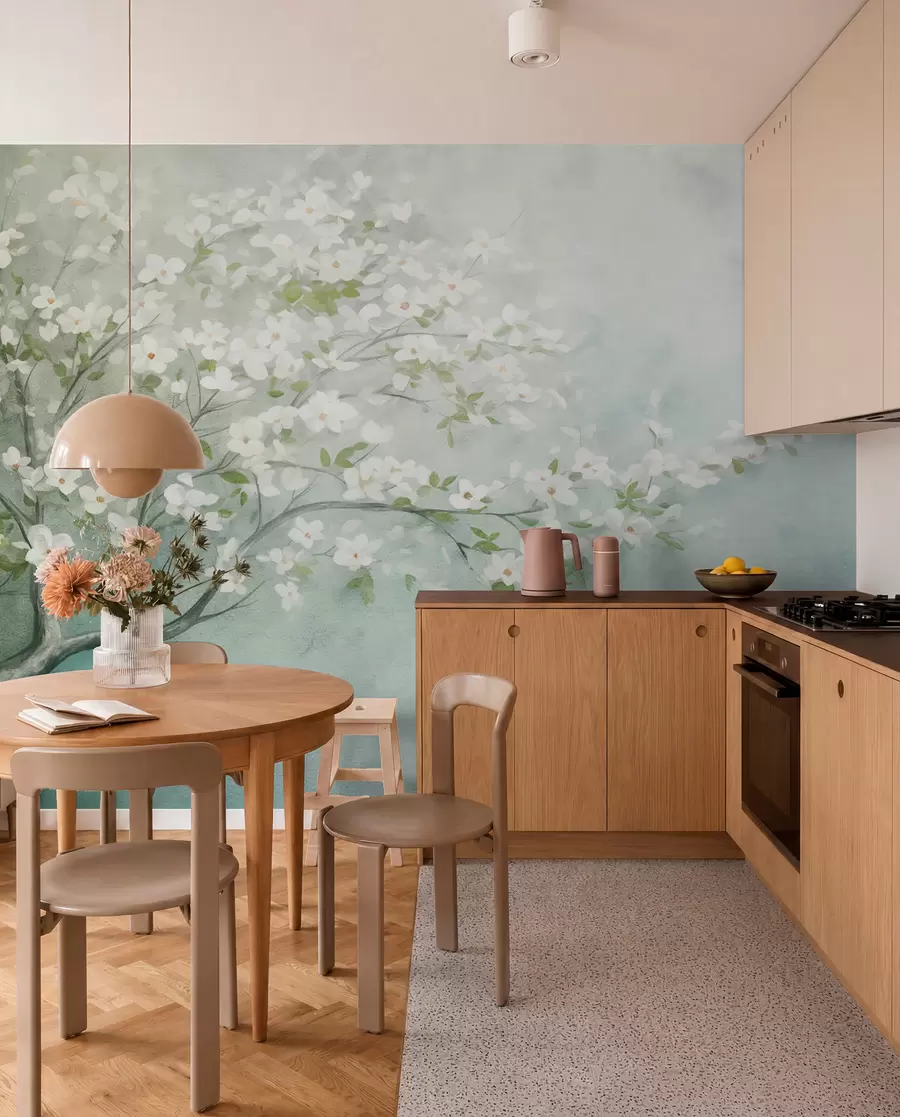 peintures murales Un arbre en fleurs avec des fleurs blanches en pleine floraison, sur un fond texturé granuleux et bruyant de bleu et de vert atténués w09261