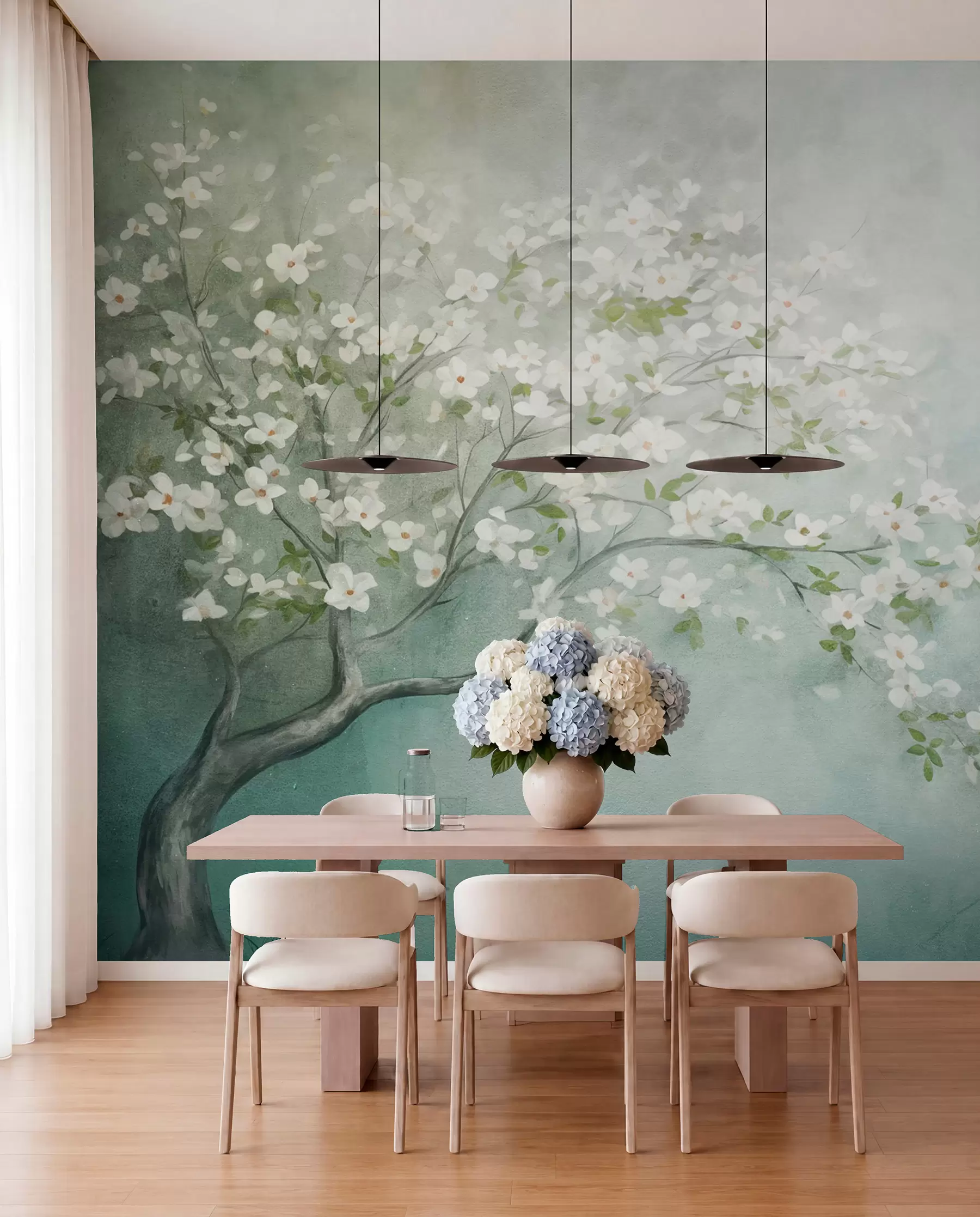 peintures murales Un arbre en fleurs avec des fleurs blanches en pleine floraison, sur un fond texturé granuleux et bruyant de bleu et de vert atténués w09261