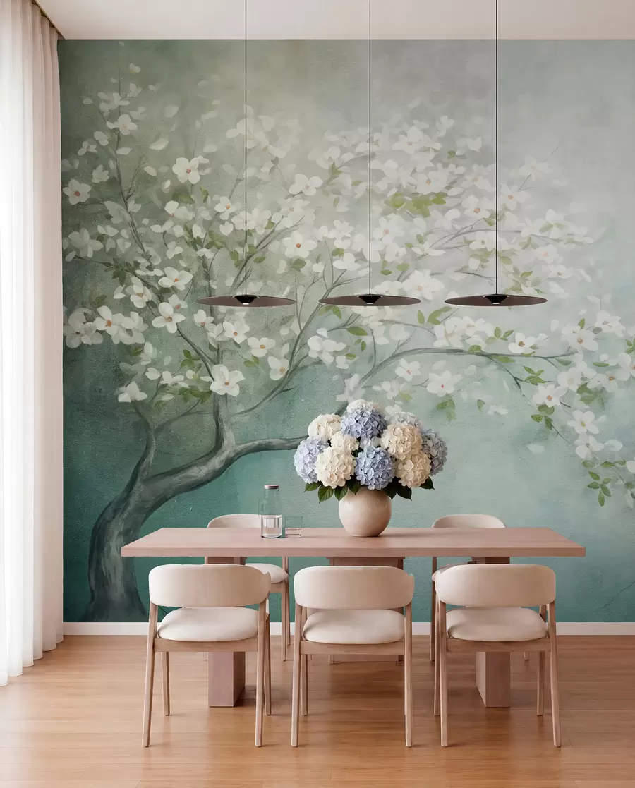 wall murals A blooming tree with white flowers in full bloom, against a grainy noisy textured background of muted blue and green w09261