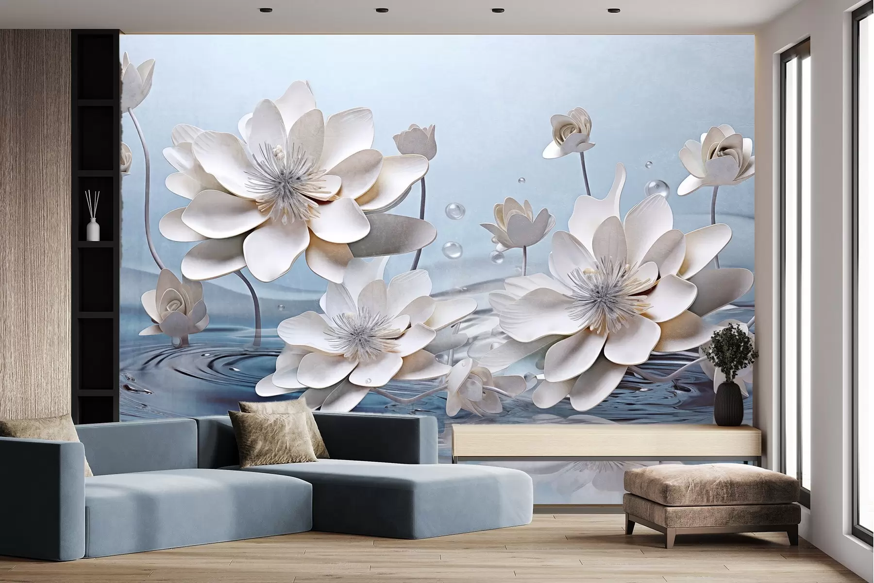 Wall Mural Photo Wallpaper White textured flowers with water drops, reflections on the water surface, light blue background, elegant design w09262