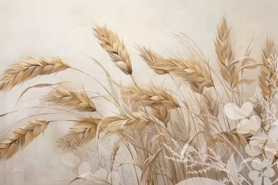 wall murals Wheat textured field with beige ears of grain swaying in the wind, soft and muted colors, creating a sense of warmth w09264
