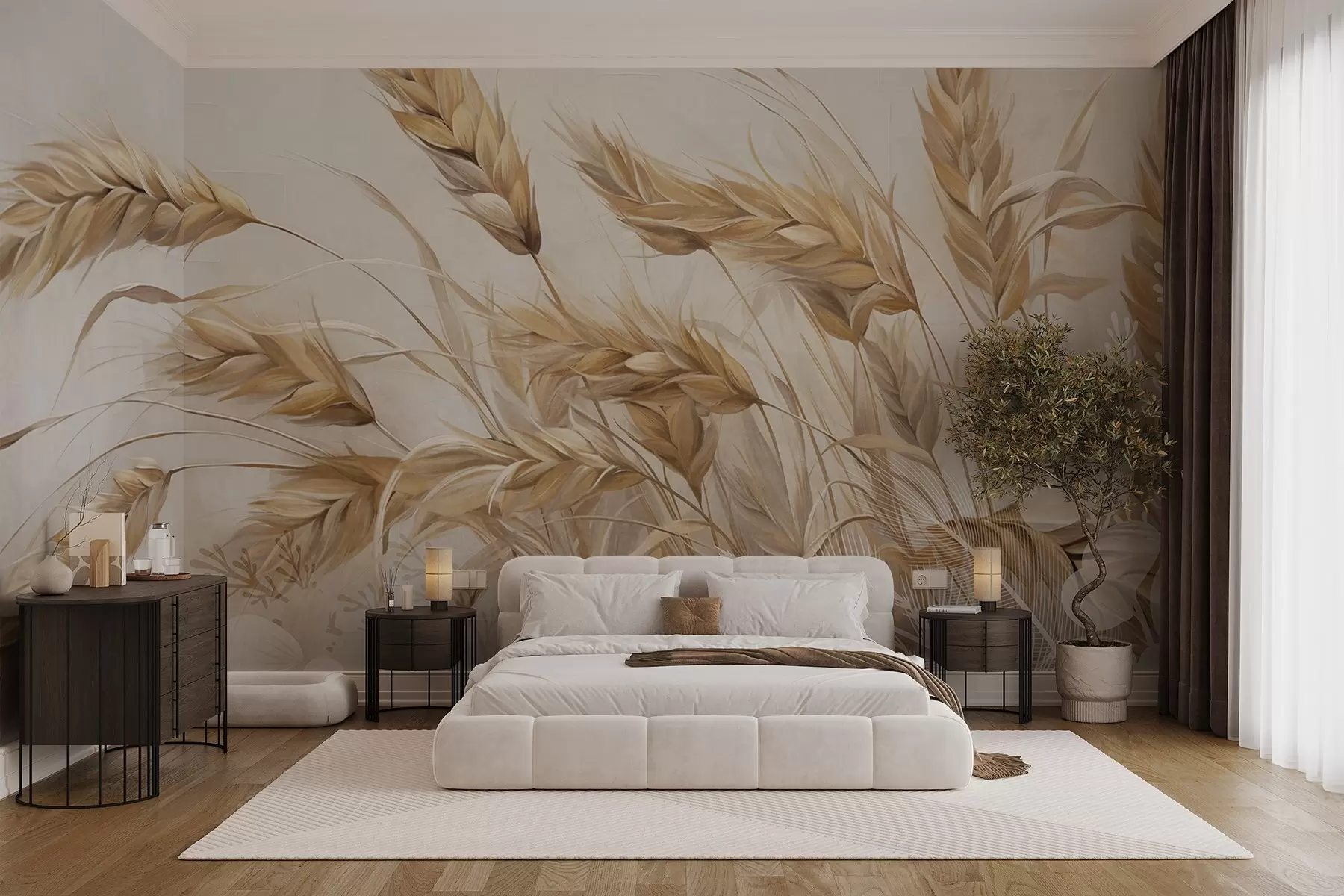 wall murals Wheat textured field with beige ears of grain swaying in the wind, soft and muted colors, creating a sense of warmth w09264