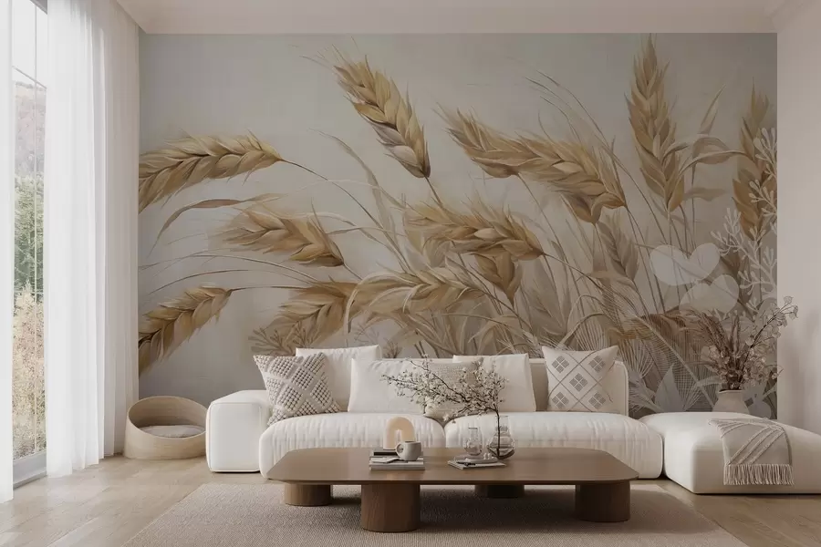 Wall Mural Photo Wallpaper Wheat textured field with beige ears of grain swaying in the wind, soft and muted colors, creating a sense of warmth  w09264