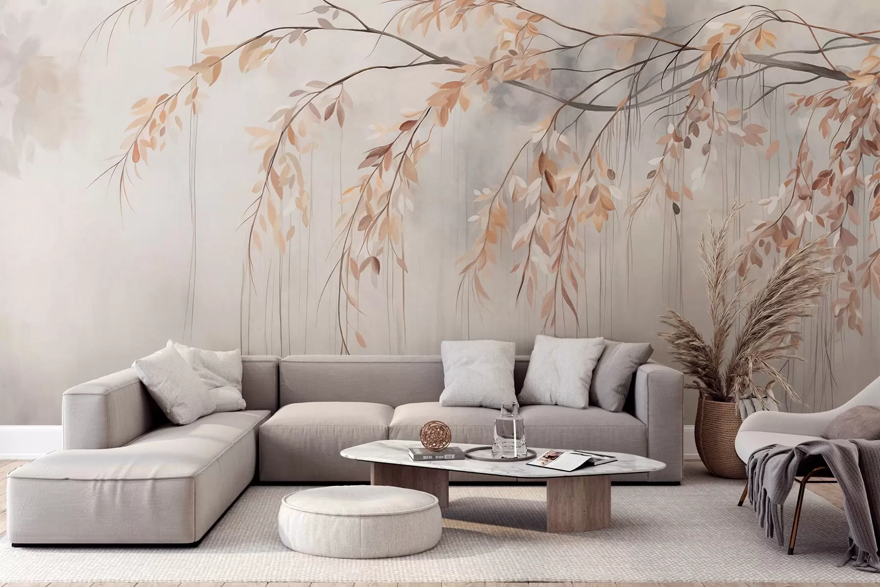 wall murals A branch with light orange leaves hanging down, light gray textured blurred background, soft and delicate style w09265
