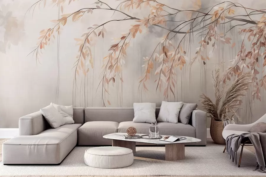 Wall Mural Photo Wallpaper A branch with light orange leaves hanging down, light gray textured blurred background, soft and delicate style w09265