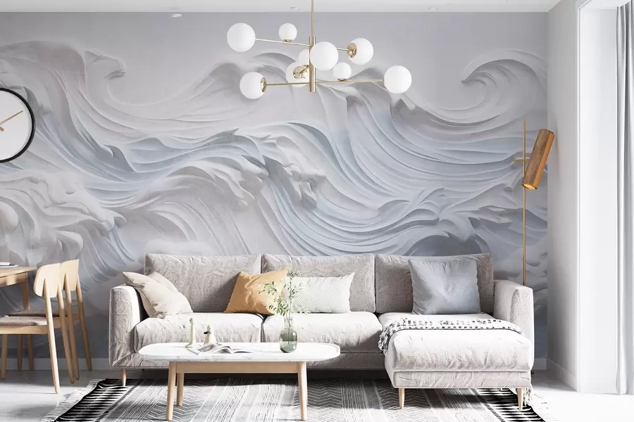 Wall Mural Photo Wallpaper White and light blue textured abstract ocean waves with foam, flowing from left to right, dynamic and textured print w09266
