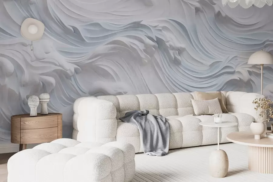 Wall Mural Photo Wallpaper White and light blue textured abstract ocean waves with foam, flowing from left to right, dynamic and textured print w09266