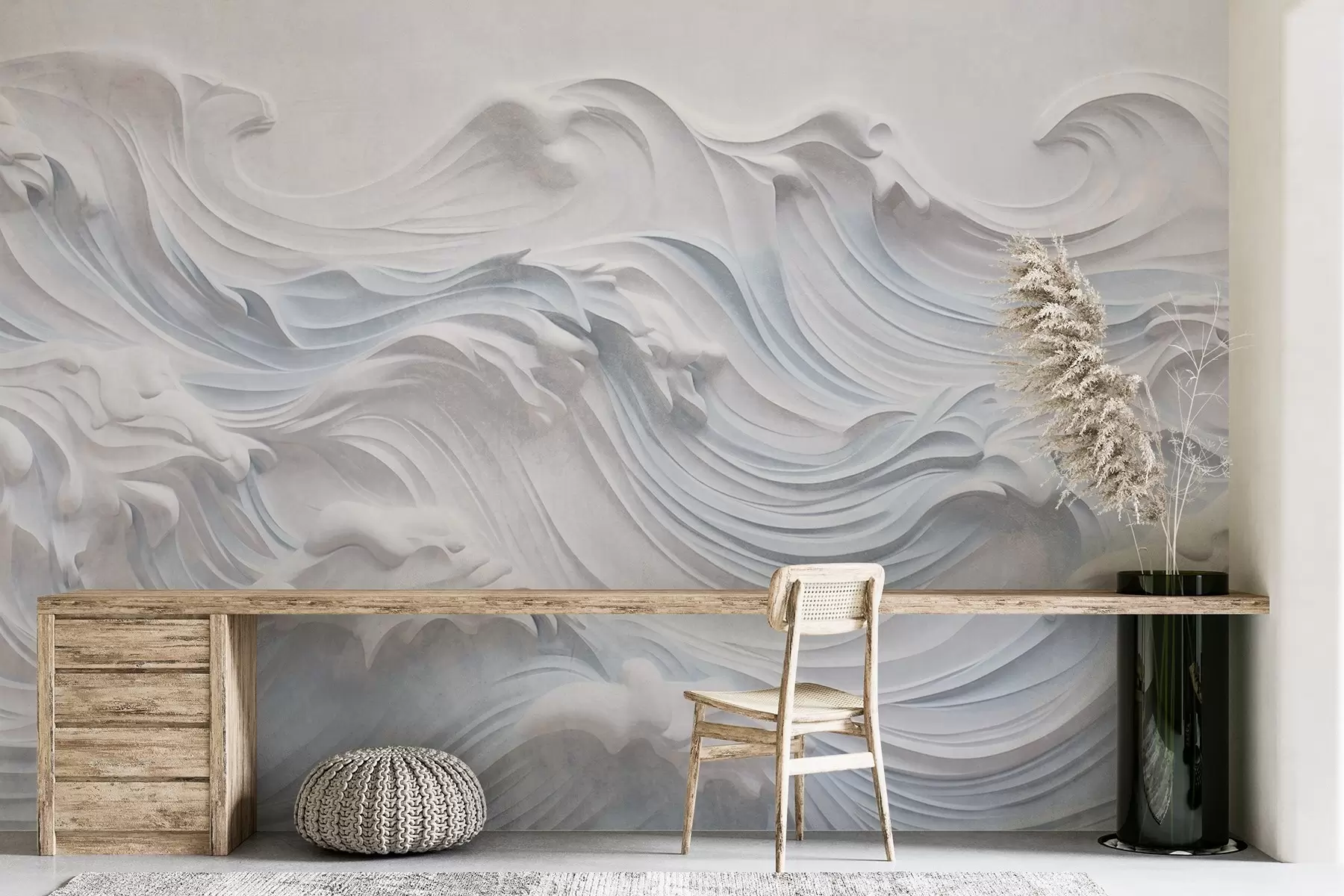 Wall Mural Photo Wallpaper White and light blue textured abstract ocean waves with foam, flowing from left to right, dynamic and textured print w09266