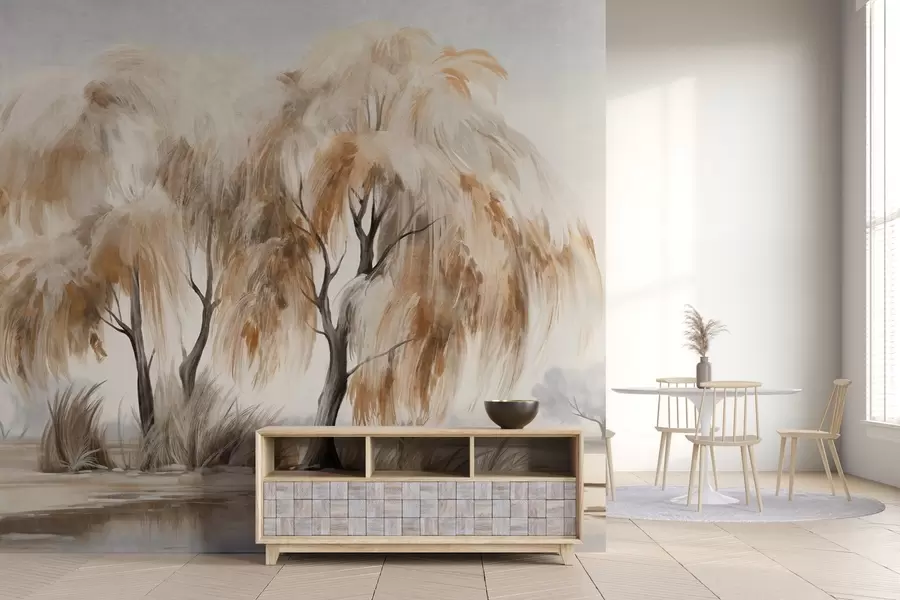 Wall Mural Photo Wallpaper Textured willow trees with brown and white leaves on the shore of a lake, with some grass around them, in a misty day w09268