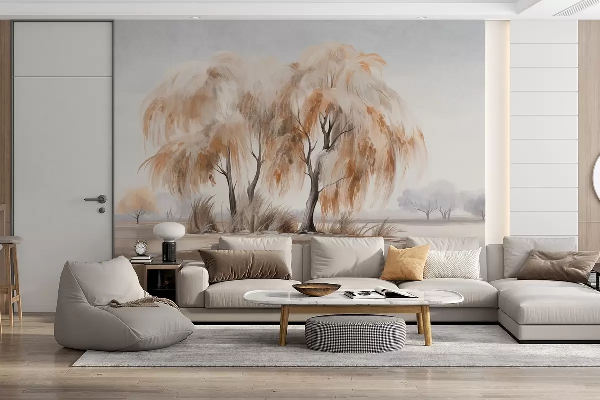 Wall Mural Photo Wallpaper Textured willow trees with brown and white leaves on the shore of a lake, with some grass around them, in a misty day w09268