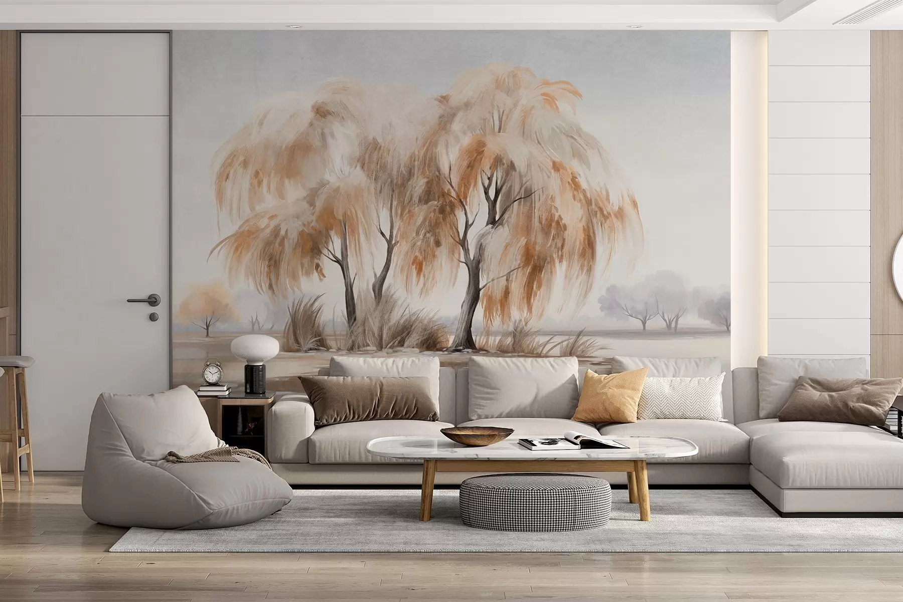 peintures murales Saules texturés aux feuilles brunes et blanches au bord d'un lac, avec de l'herbe autour d'eux, par une journée brumeuse w09268