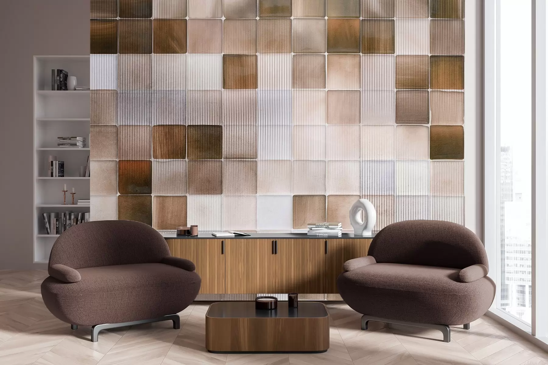 wall murals Square mosaic stone tiles in shades of brown, beige and white with an abstract fluted grainy noisy texture w09269
