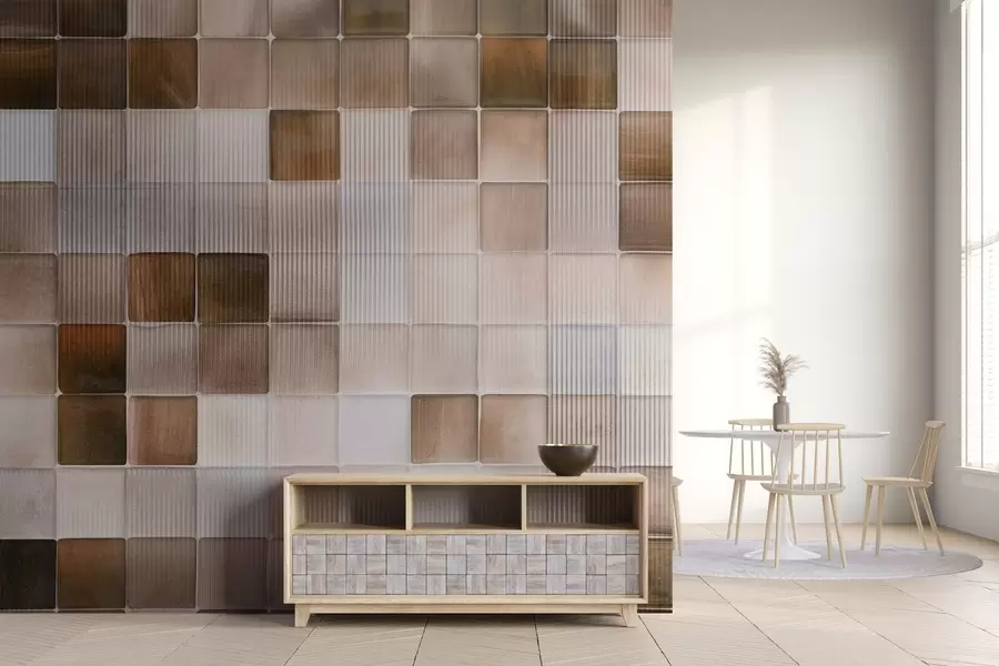 peintures murales Carreaux de mosaïque en pierre de forme carrée dans les tons de brun, beige et blanc avec une texture grenue abstraite et cannelée w09269