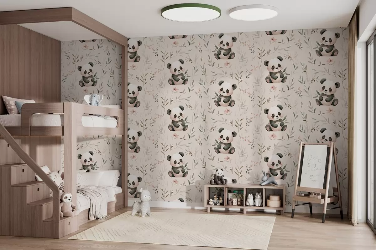 wall murals cute baby-style pandas among the plants w04170