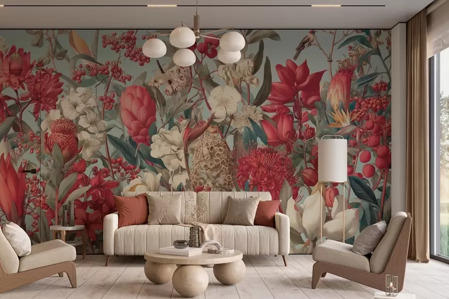 peintures murales fleurs tropicales texturées sur fond bleu w04209