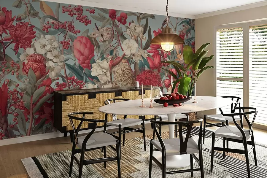 peintures murales fleurs tropicales texturées sur fond bleu w04209